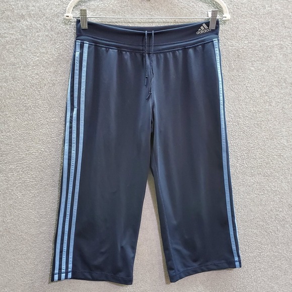 Adidas Women Activewear Pants Small Blue Logo Drawstring Elastic Waist Crop - Picture 1 of 8